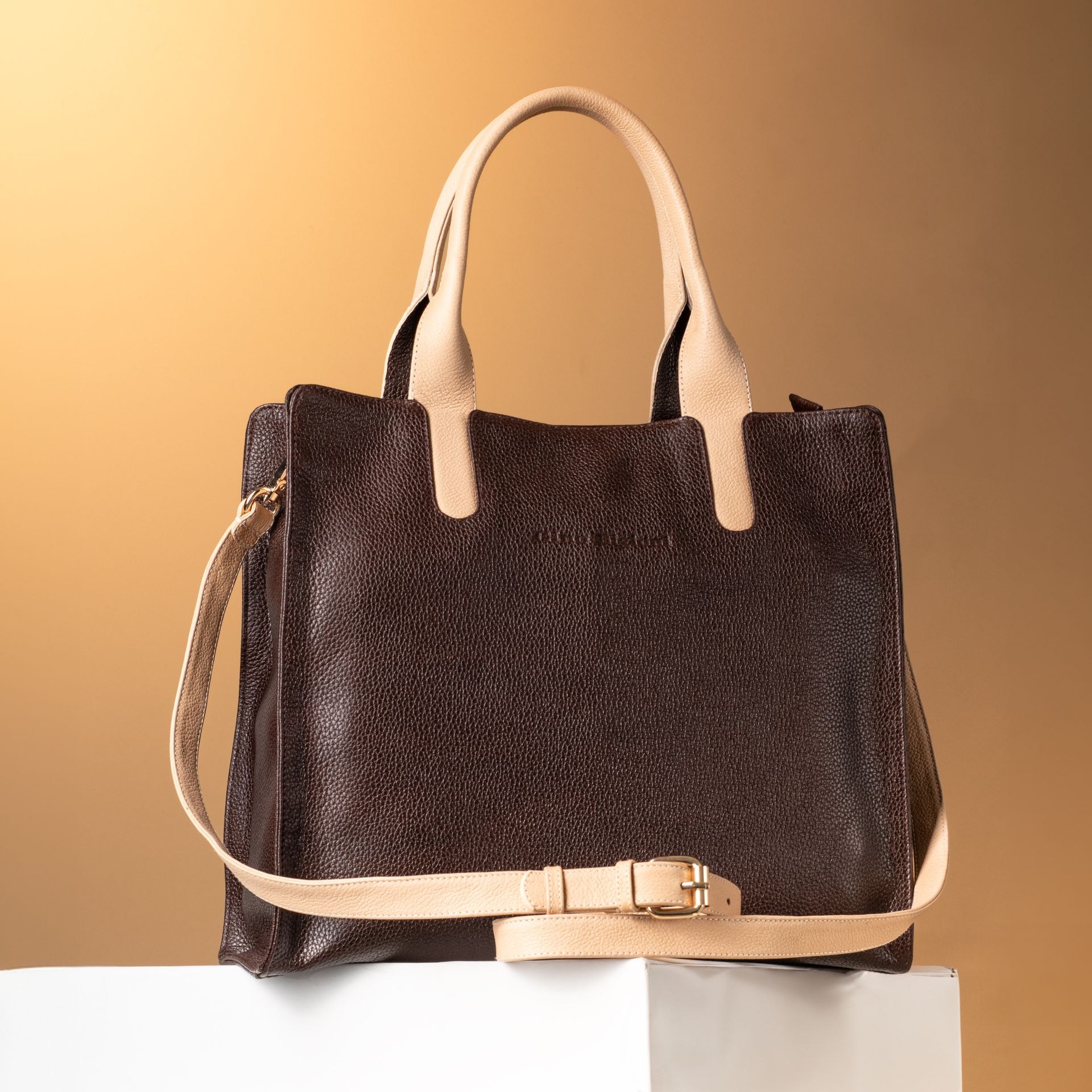 Marlowe Leather designer tote in black with embossed logo