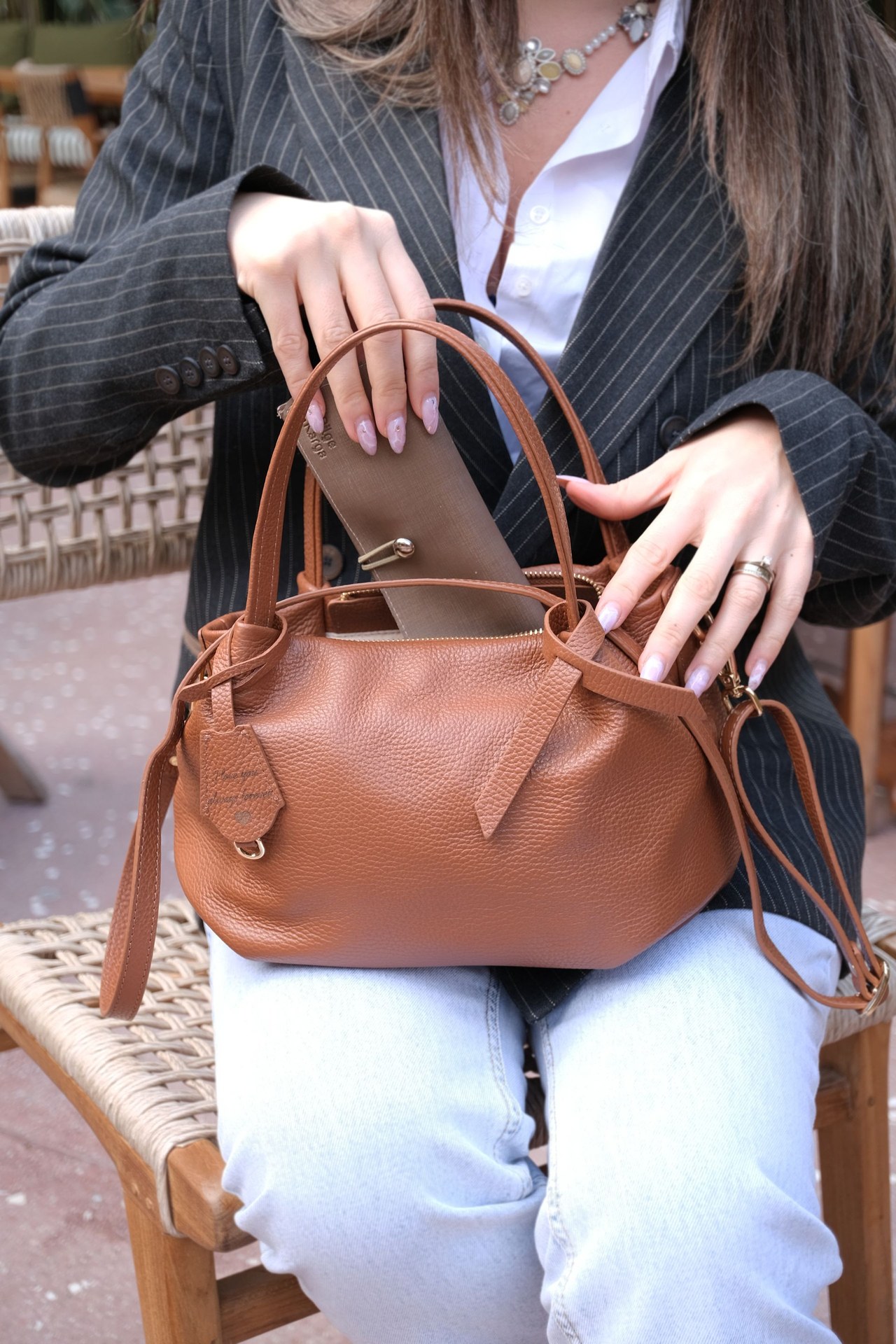 Genuine leather handbag with dust bag and gift box packaging